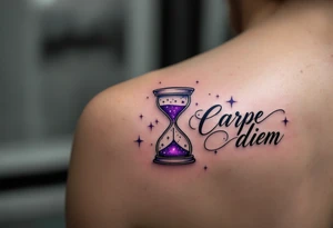 Elegant serif black ink "carpe diem" paired with a purple hourglass filled with stars, hinting at cosmic time on the back side of calf tattoo idea