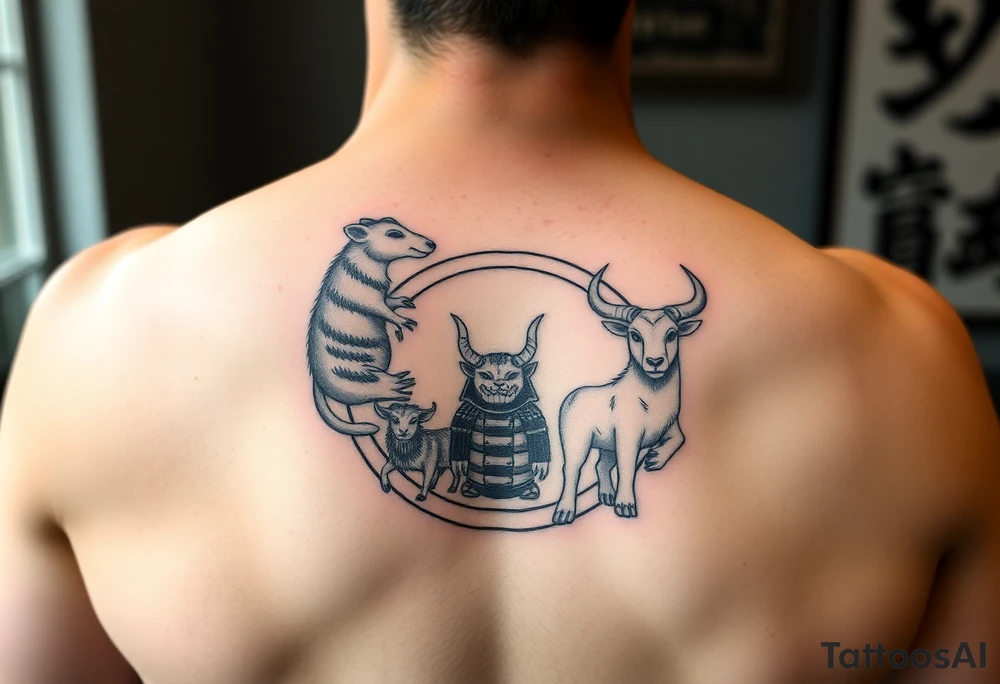 Japanese style tattoo consisting zodiac animals: rat, dog, goat, and ox all dressed up Samurai warrior style in a circular formation on the left of back tattoo idea