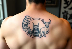 Japanese style tattoo consisting zodiac animals: rat, dog, goat, and ox all dressed up Samurai warrior style in a circular formation on the left of back tattoo idea