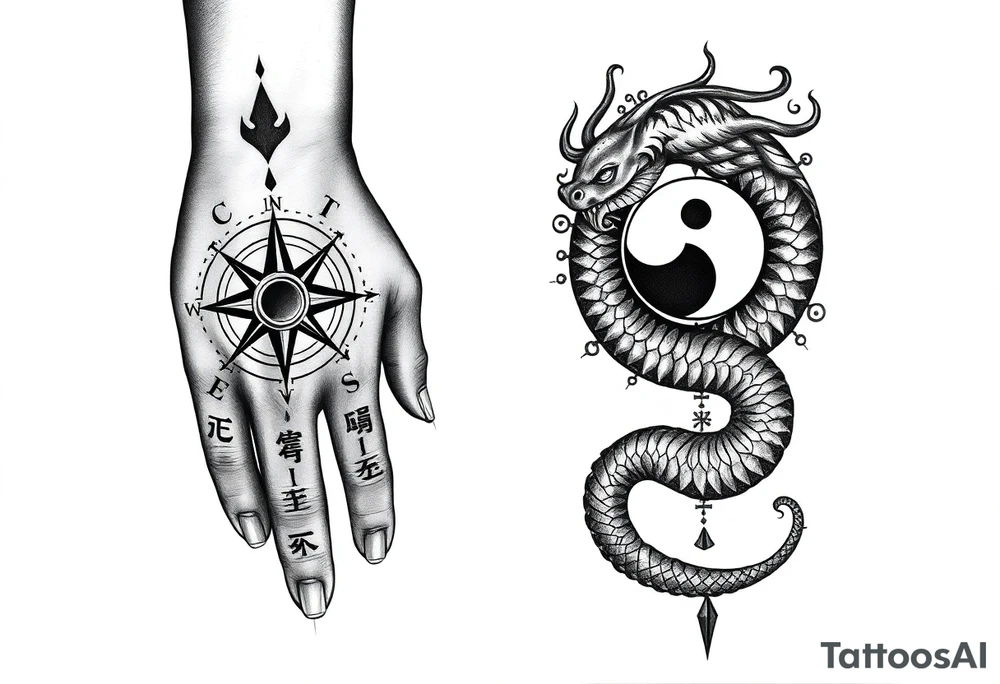 Blackwork tattoo from hand to elbow in a tribal, spiritual style. Vegvisir compass on the hand, carved in rough rune style, inside a radiant Thai sun disc. Each finger has a minimal rune: Tiwaz, Eiwaz, Algiz, Sowilo, Ansuz. A coiling serpent or dragon wraps the forearm — Japanese flow with a Viking beast head. Inside the coil is a Yin-Yang with a broken runic circle, tiny sun and moon inside. Vertical script on the inner forearm: either Bushidō (武士道) or Old Norse runes. Background includes Nordic knotwork, Thai swirls, Japanese waves. Hidden details: crossed swords, faint Hannya mask, sak yant diamonds. Bold black ink with rough, carved texture. tattoo idea