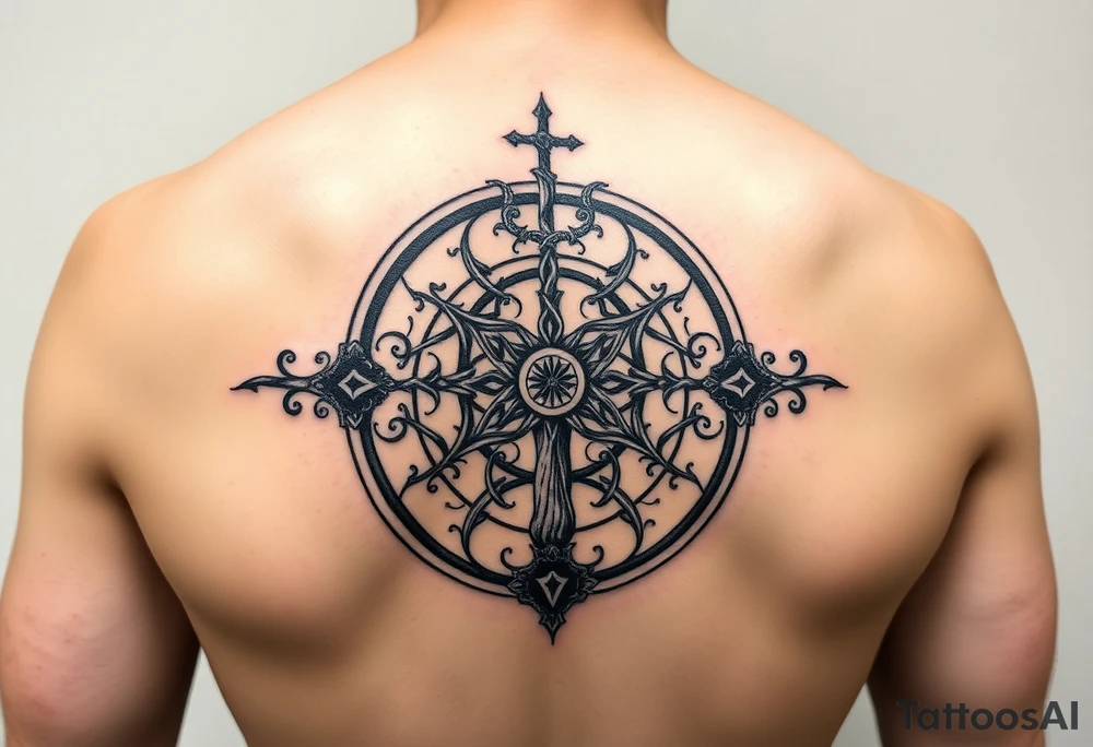 Norse sleeve tattoo which include web of wyrd, ÆGISHJÁLMR, Vegvisir, Yggdrasil, tattoo idea