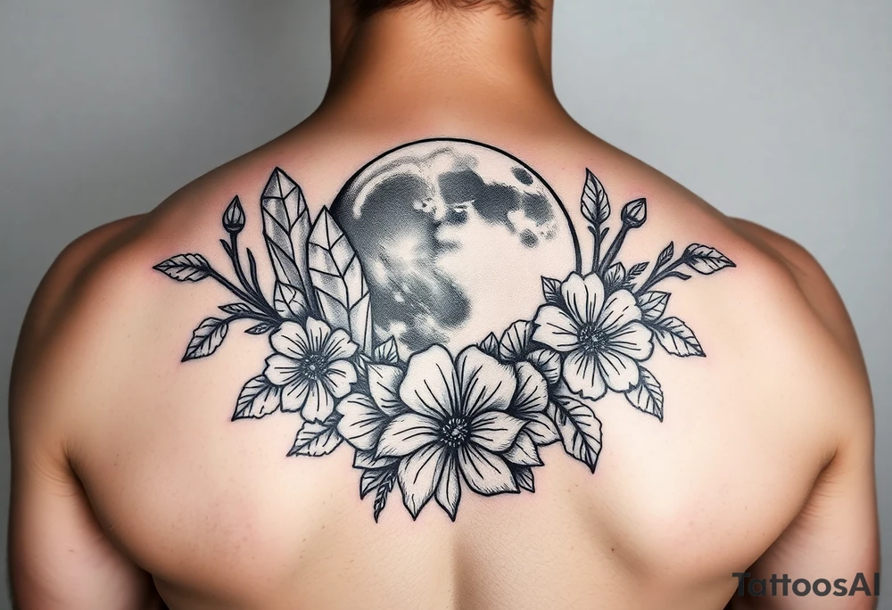 crystals and half the moon and flowers tattoo idea