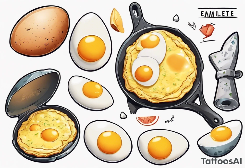 A round, thin omelette made from five eggs, with a triangular piece cut out containing the yolk tattoo idea