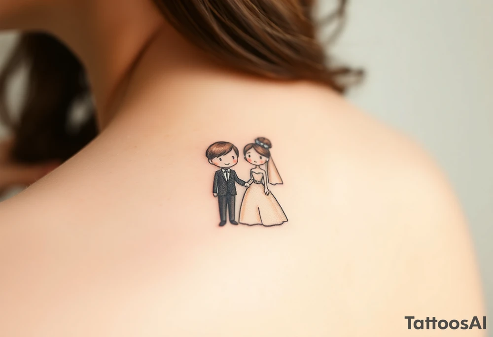 A softly shaded vintage-style illustration of a bride and groom, with sepia tones for an old-world charm tattoo idea