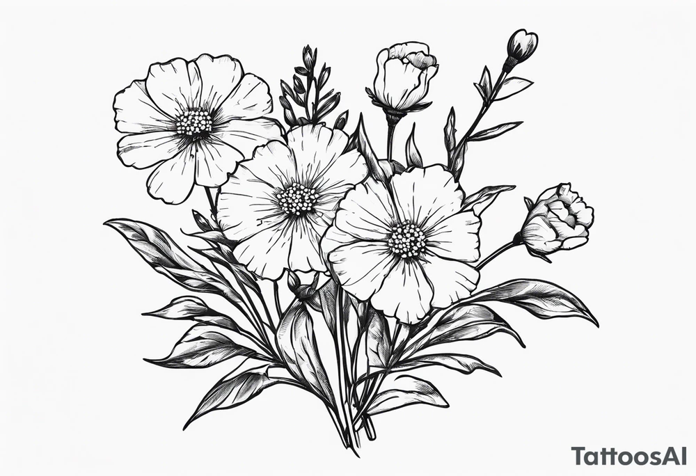 a simplistic bouquet of forget me not flowers, carnation flowers, and aster flowers with a stem that goes into the phrase “papa 09/17/52 - 01/17/24” tattoo idea