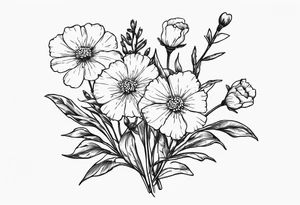 a simplistic bouquet of forget me not flowers, carnation flowers, and aster flowers with a stem that goes into the phrase “papa 09/17/52 - 01/17/24” tattoo idea