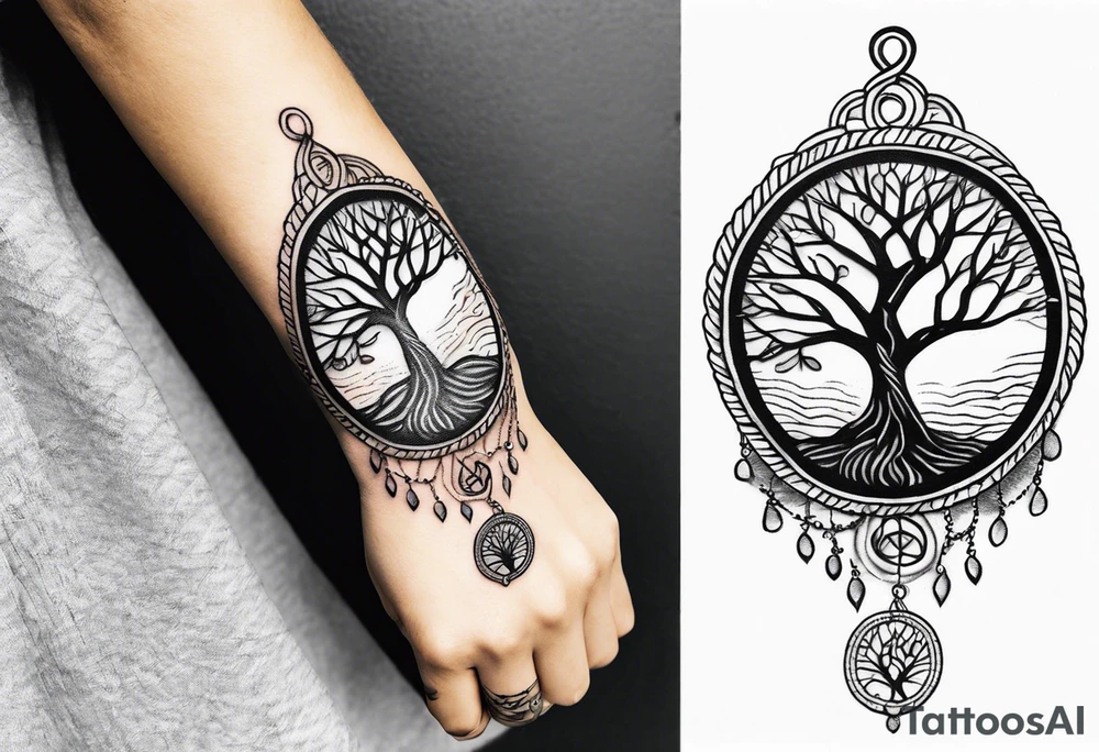 Braided rope wrist tattoo with tree of life in the center with bead work dangling on the hand tattoo idea