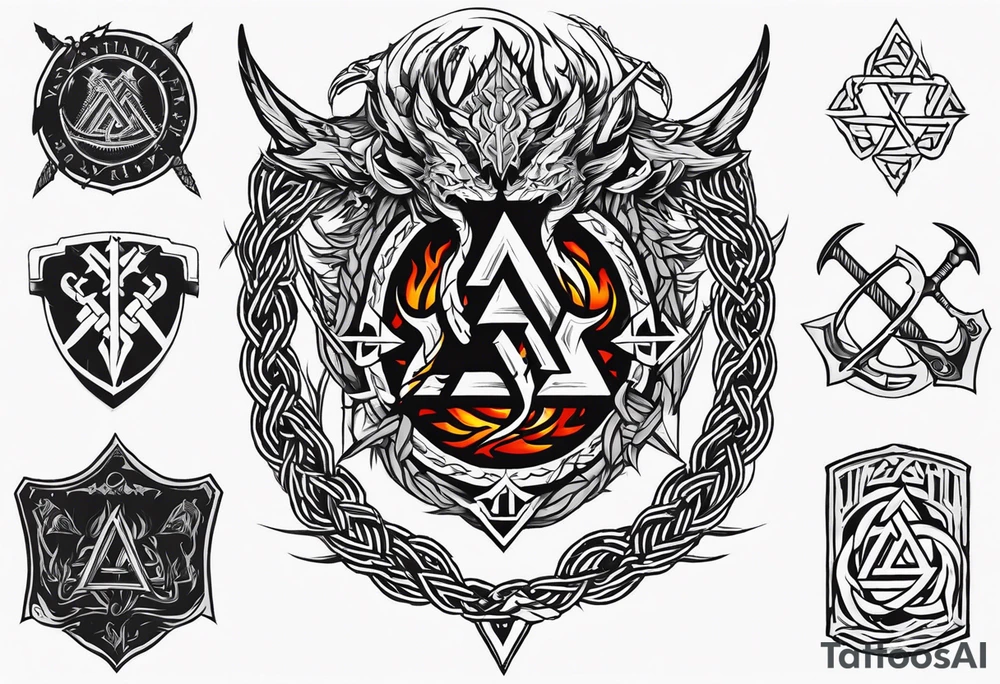 Valhalla sword shield dragon axe Valknut barbed wire chains fire tattoo idea Valhalla sword shield dragon axe Valknut barbed wire chains fire tattoo idea