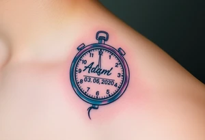 A stopwatch clock, which contains the child’s name "AdamL and birth date "03. 06. 2020", in blue, purple, and silver tattoo idea