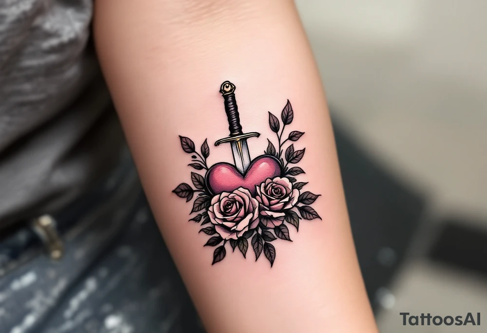 dagger piercing a heart with roses tattoo idea