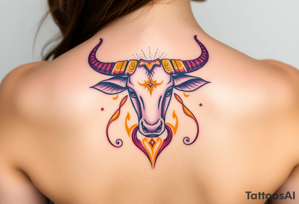 Powerful Taurus tattoo with purple and yellow tattoo idea