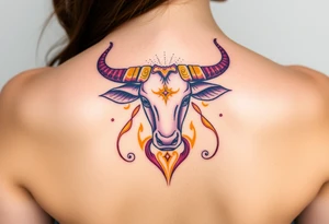Powerful Taurus tattoo with purple and yellow tattoo idea
