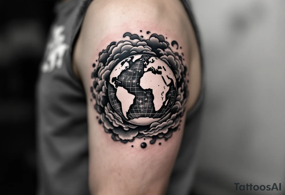 A stylized Earth with swirling clouds in gray and hints of pale blue circles the upper arm. tattoo idea