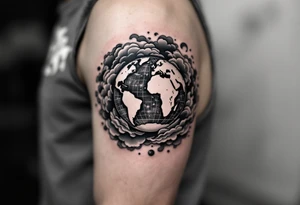A stylized Earth with swirling clouds in gray and hints of pale blue circles the upper arm. tattoo idea