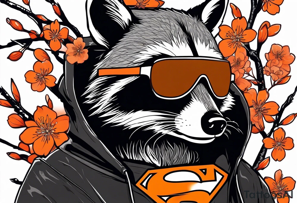 Raccoon wearing a white Superman logo on a black hoodie and orange Japanese cherry blossoms beside tattoo idea