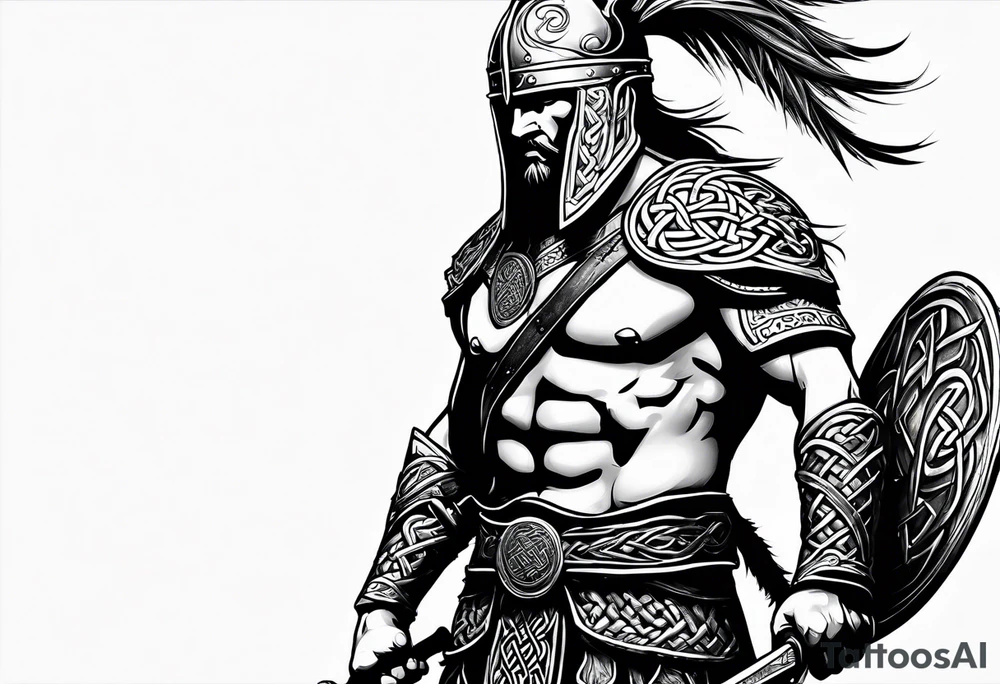 Full body side profile of Celtic warrior walking into battle tattoo idea