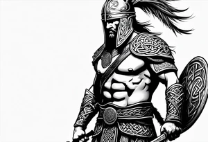 Full body side profile of Celtic warrior walking into battle tattoo idea