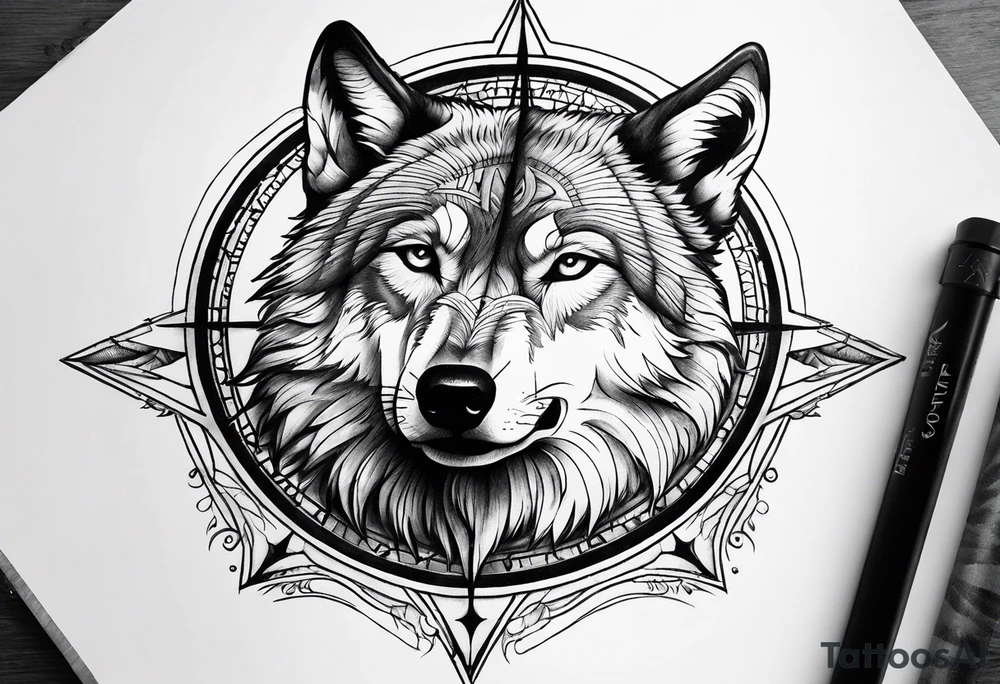 Half wolf face half compass tattoo idea
