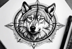 Half wolf face half compass tattoo idea