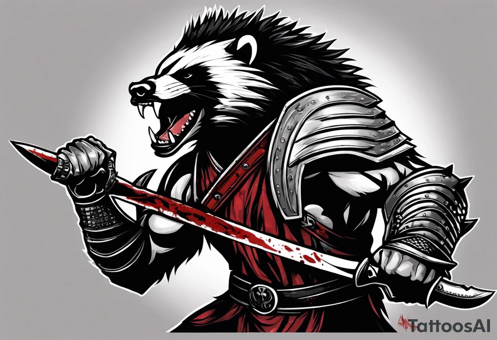 Draw me psychopath Honey Badger/Berserker/Assassin with aggressive full body, killer face with a scary smile, very long nails and he attacks like a Bloody Assassin/Warrior/Gladiator to us and also, he has very deadly looking. He fights with his nails only. Everybody scares after their first sight. Give me horror type Badger Tattoo. I want to see his Realistic full body with no weapons. You can show destruction at the back. tattoo idea