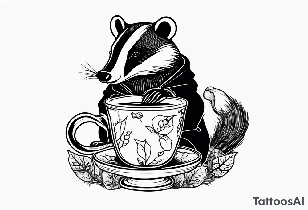 Badger in a coat with a teacup sitting on a mushroom tattoo idea