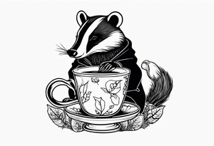 Badger in a coat with a teacup sitting on a mushroom tattoo idea