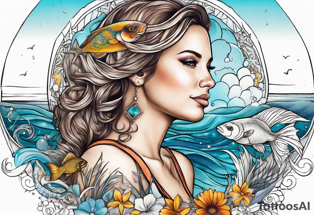 Pisces summer beach mother love tattoo idea