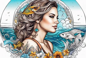 Pisces summer beach mother love tattoo idea