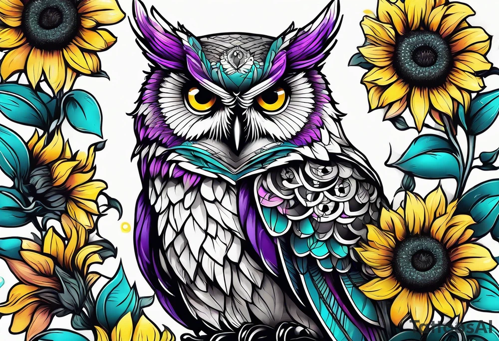 Black and white owl shaded teal, pink and purple surrounded by yellow sunflowers sleeve tattoo idea