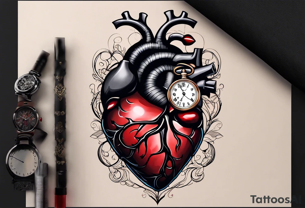anatomical heart with clock in middle.
Clock hands on 8 and 5.
Never Say Never written on tattoo tattoo idea