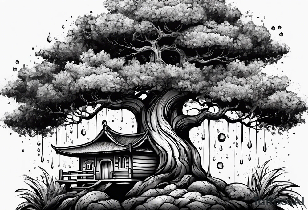 Árvore  de salgueiro 
com galhos grandes em um estilos melancólico  de dia de chuva tattoo idea
