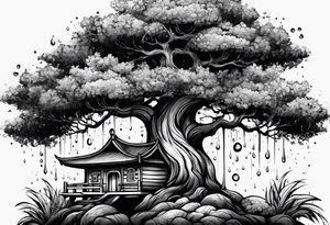 Árvore  de salgueiro 
com galhos grandes em um estilos melancólico  de dia de chuva tattoo idea
