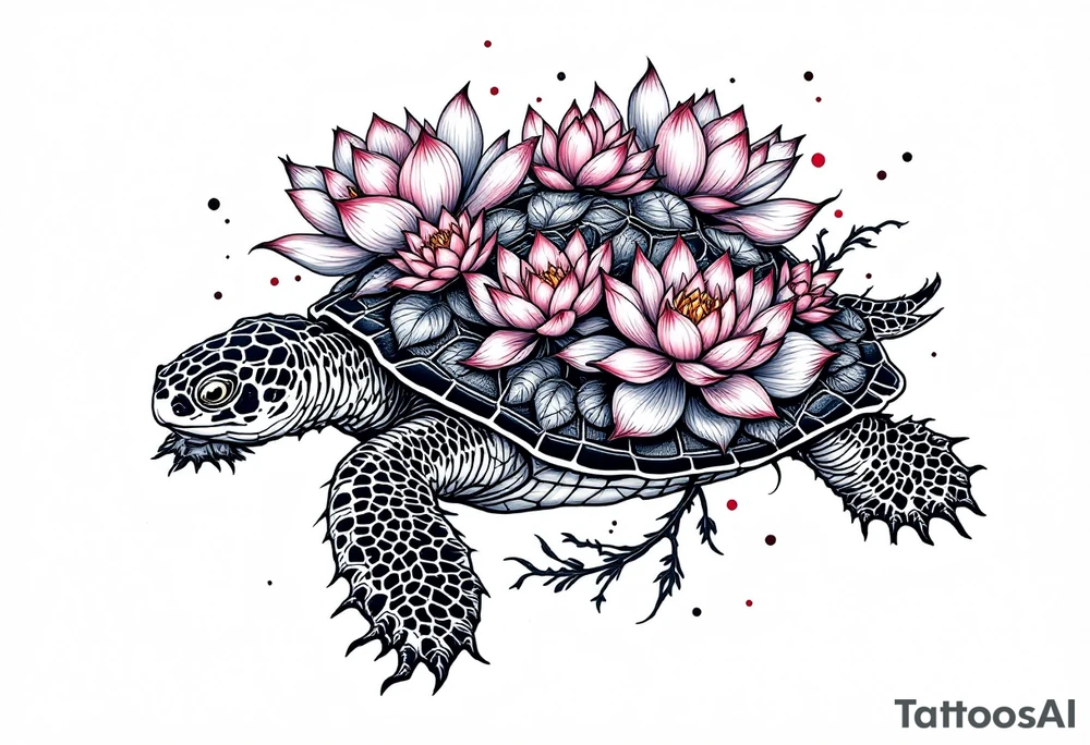 Turtle covered in lotus flowers tattoo idea