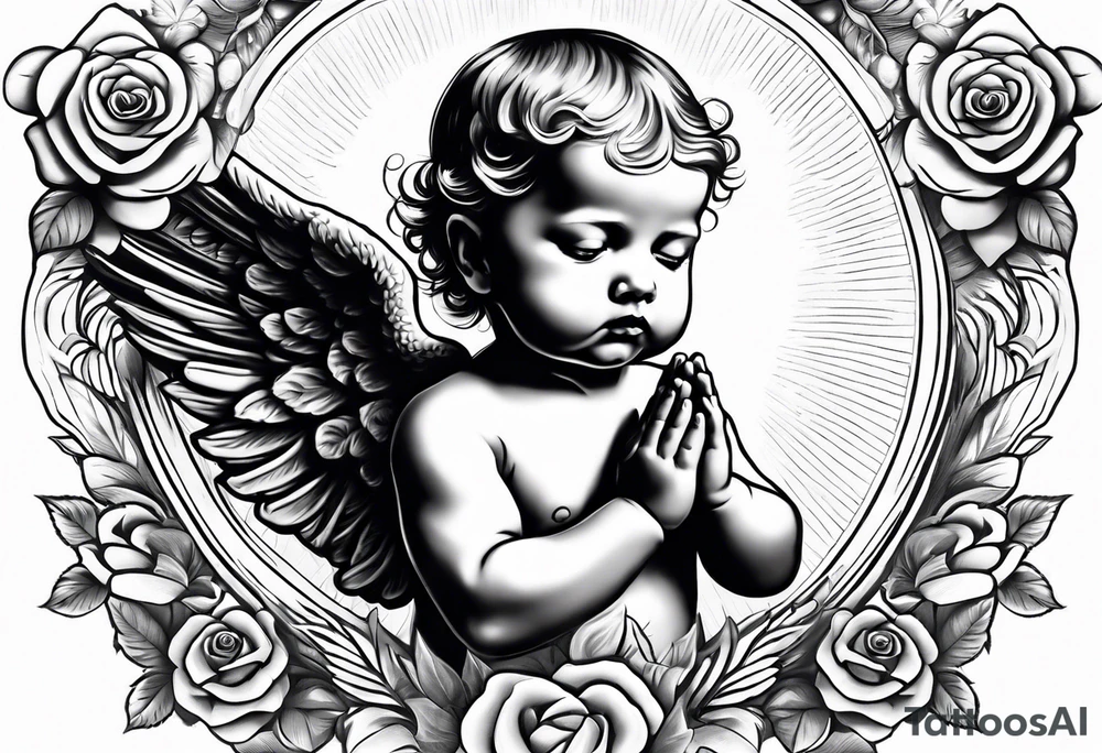 Praying baby Angel, with a Roman warrior looking up behind it, sun beams and rose at the bottom tattoo idea