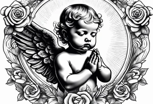 Praying baby Angel, with a Roman warrior looking up behind it, sun beams and rose at the bottom tattoo idea