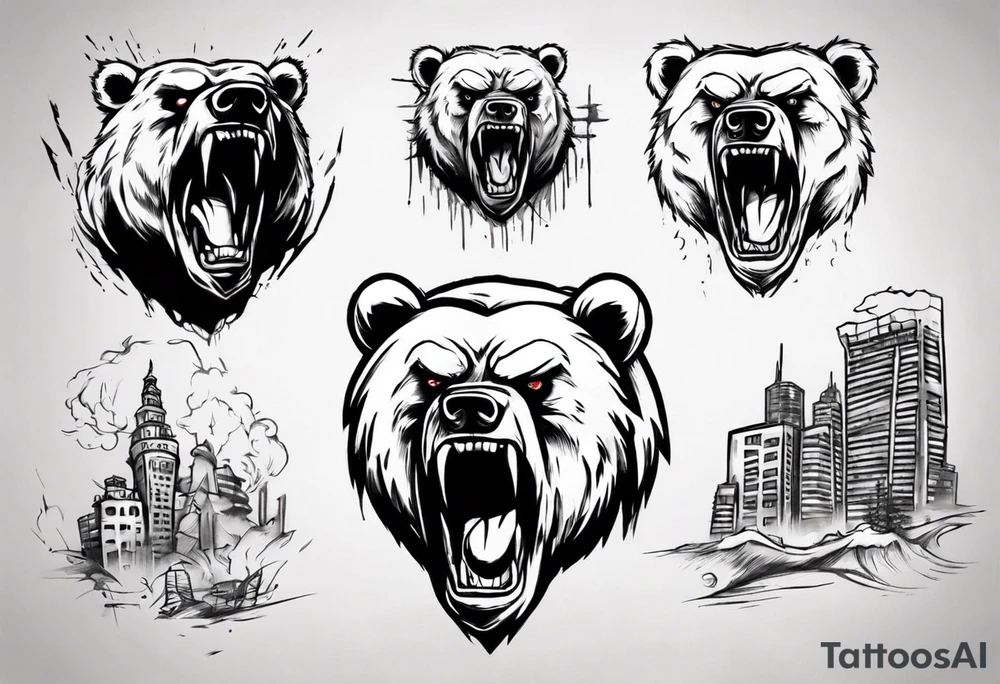 Angry bear coming up behind a city tattoo idea