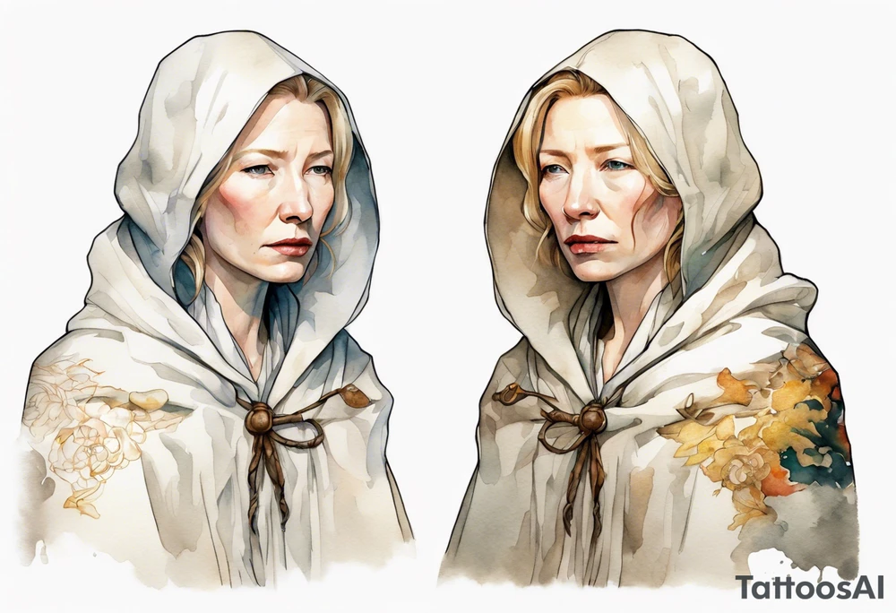 medieval Cate Blanchett dressed in white cloak, sad tattoo idea