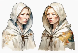 medieval Cate Blanchett dressed in white cloak, sad tattoo idea
