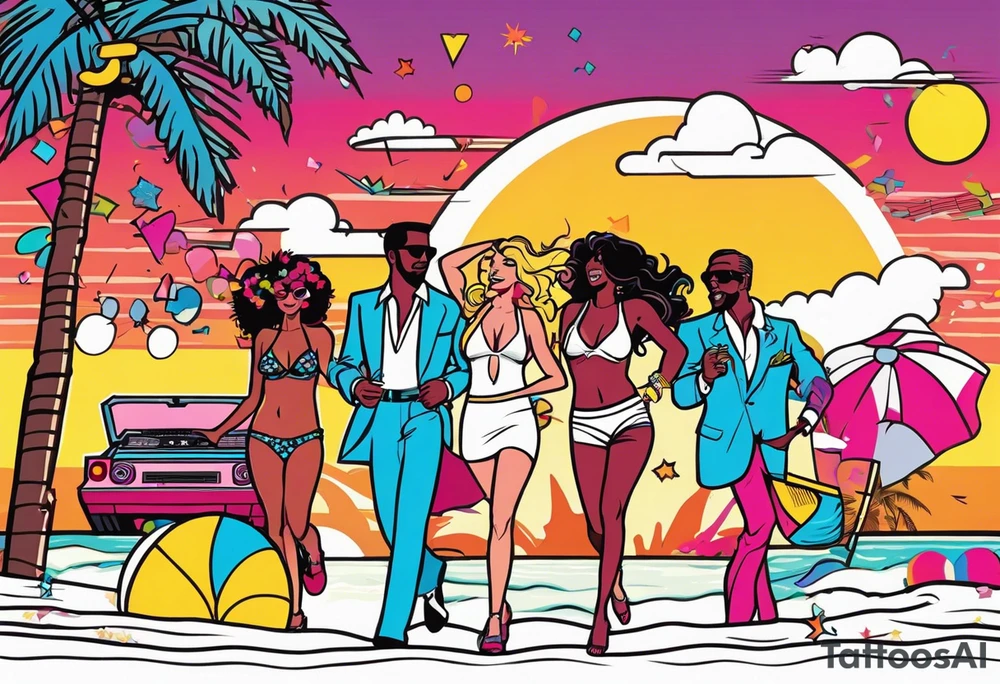 1980's miami vice style beach dance 
party, include confetti, music notes, boom box, bikinis sunset in the center tattoo idea