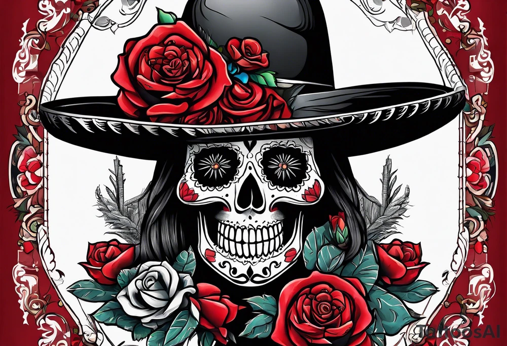 day of dead, red rose, Mexican hat,  cactus tattoo idea