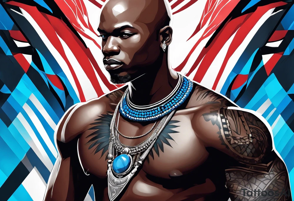 Black-skinned bald african warrior. He has a silver crown. He wears two simple necklaces: one blue, other red. Looking front tattoo idea