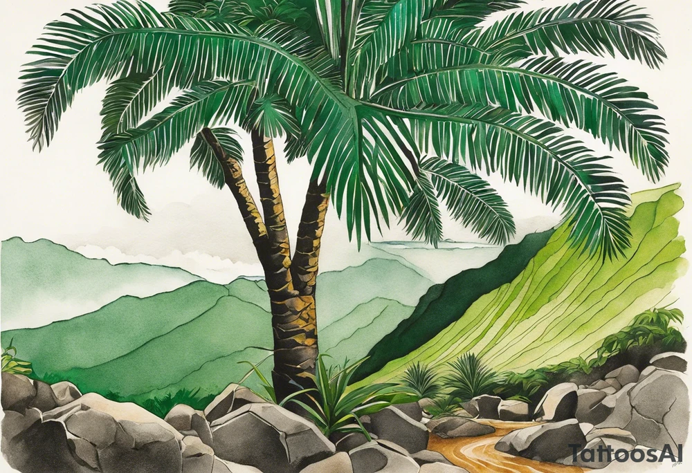 Tattoo: A striking Gachala emerald sits at the base of a tall quindio wax palm, which grows resiliently from cracks in rugged, rocky soil. The emerald is the main focal point, symbolizing strength and endurance, while the wax palm, rooted in the soil’s crevices, represents growth and resilience. A small water stream flows gently from the rocks, adding an element of life and nourishment. Style: Realism. tattoo idea