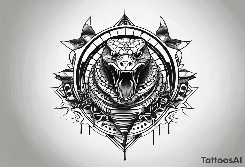 Aggresive Snake with an engine, also the design must be vertical. Also, the desing must be minimalistic not saturated. Remember the vertical proportion of the design. Within the design appears bullets tattoo idea