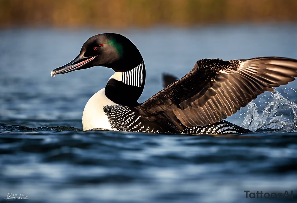 A North American common loon looking majestic as it spreads its wings in the water. On the mid-upper thigh. Don’t have a background. Make sure it is just the loon. The image should be face directly at the loon’s chest. The image should be tall and narrow tattoo idea