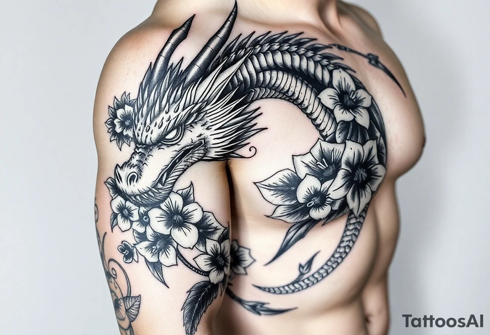 dragon with death flowers tattoo idea
