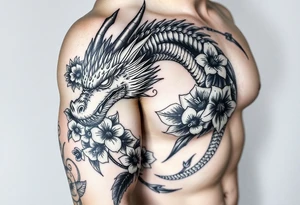 dragon with death flowers tattoo idea