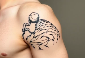 A man pushing a boulder up a spiraling hill going around my upper arm. I want the words “one must imagine Sisyphus happy” somewhere on my arm tattoo idea