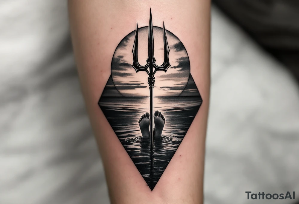 trident with bare feet half way under calm water at sunset tattoo idea