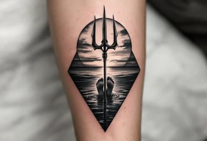 trident with bare feet half way under calm water at sunset tattoo idea