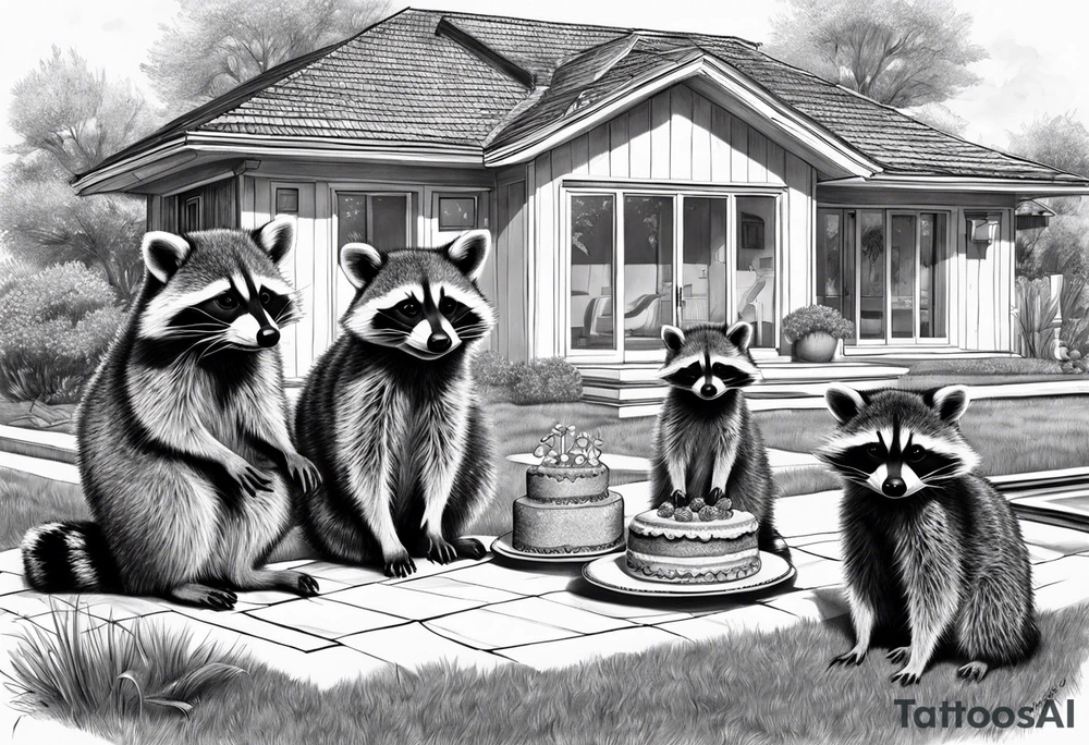 Raccoon Family in Front of her New villa with Pool.
The Husband hast Tools in His Hands.
The wife holds a cake.
The Childs plays with a ball tattoo idea